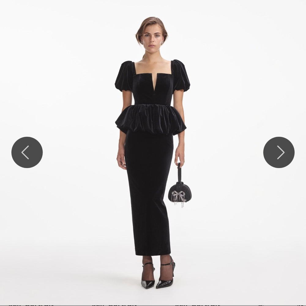 Self Portrait Black Velvet Peplum Midi Dress with Puff Sleeves